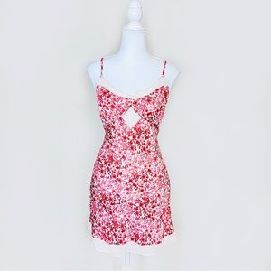 NWT Forever 21 Pink & Red Satin Silk Ditsy Floral Lace Bustier Cutout Slip Dress